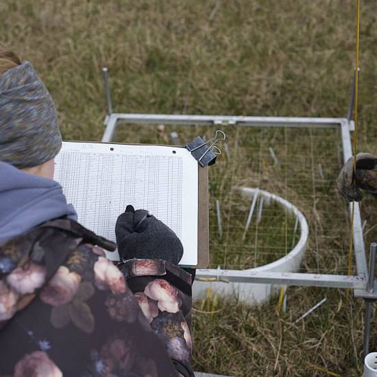 a woman recording data on a sheet of paper in front of a field